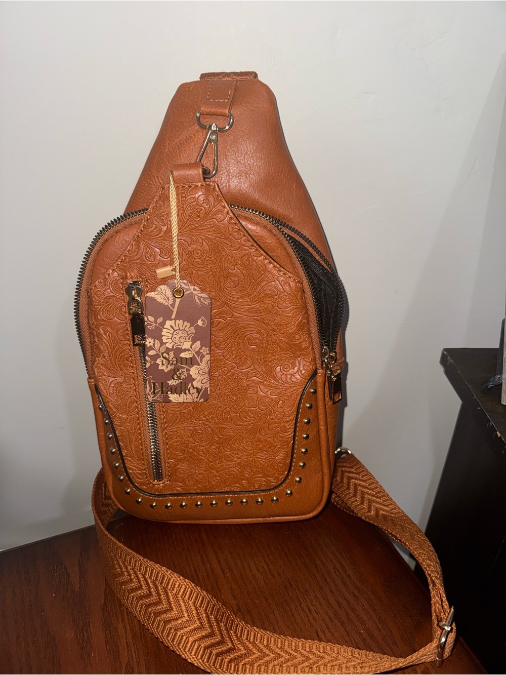Embossed brown Crossbody Sling Bag with Stud Accents- NWT